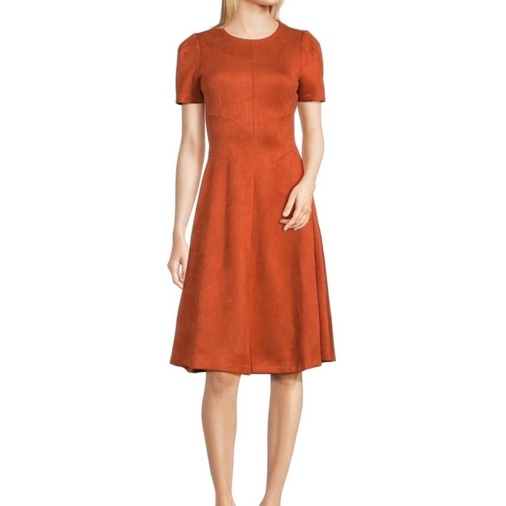 NWT Calvin Klein Rust Orange Faux Suede Flare‎ Puff Sleeve Midi Dress Size 18W